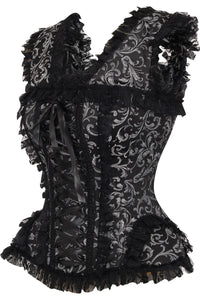 Daisy Corsets Top Drawer Silver/Black Swirl Brocade & Lace Steel Boned Corset w/Cap Sleeves in Silver 
