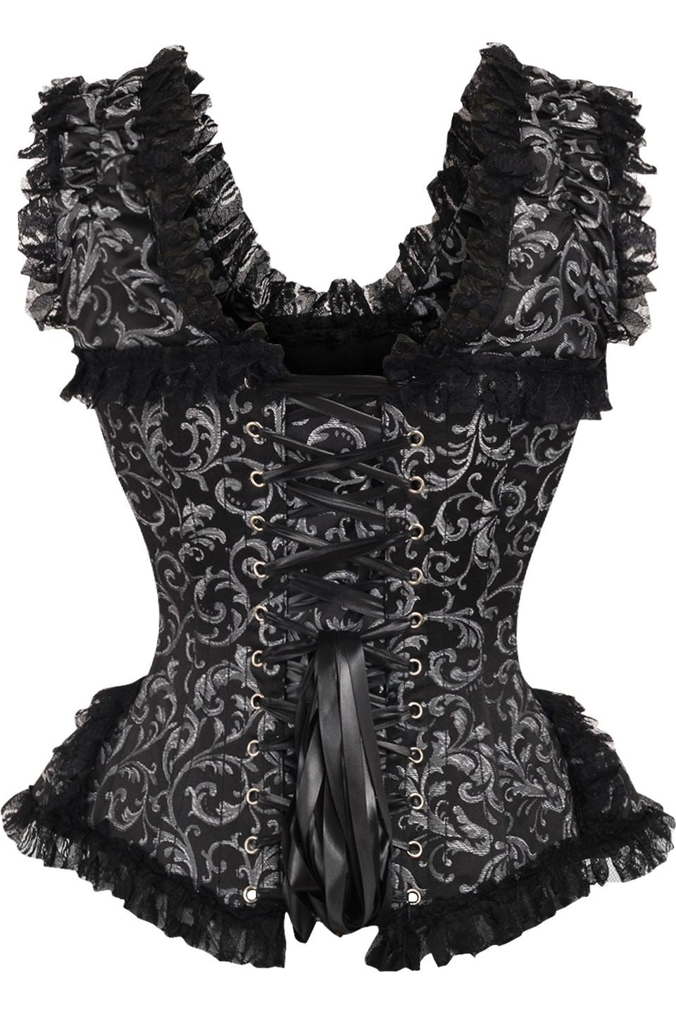 Daisy Corsets Top Drawer Silver/Black Swirl Brocade & Lace Steel Boned Corset w/Cap Sleeves in Silver 