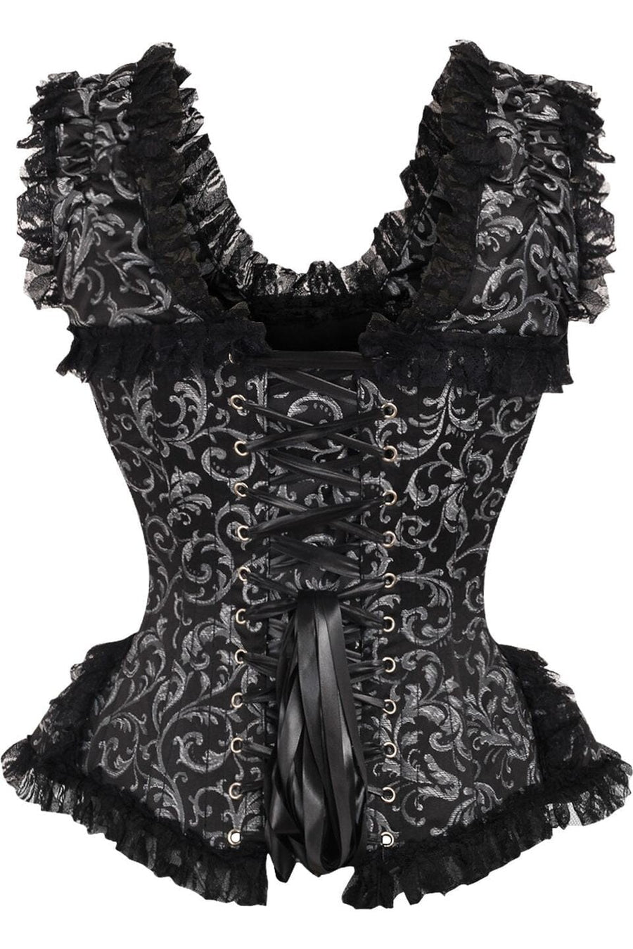 Daisy Corsets Top Drawer Silver/Black Swirl Brocade & Lace Steel Boned Corset w/Cap Sleeves in Silver 