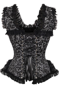 Daisy Corsets Top Drawer Silver/Black Swirl Brocade & Lace Steel Boned Corset w/Cap Sleeves in Silver 