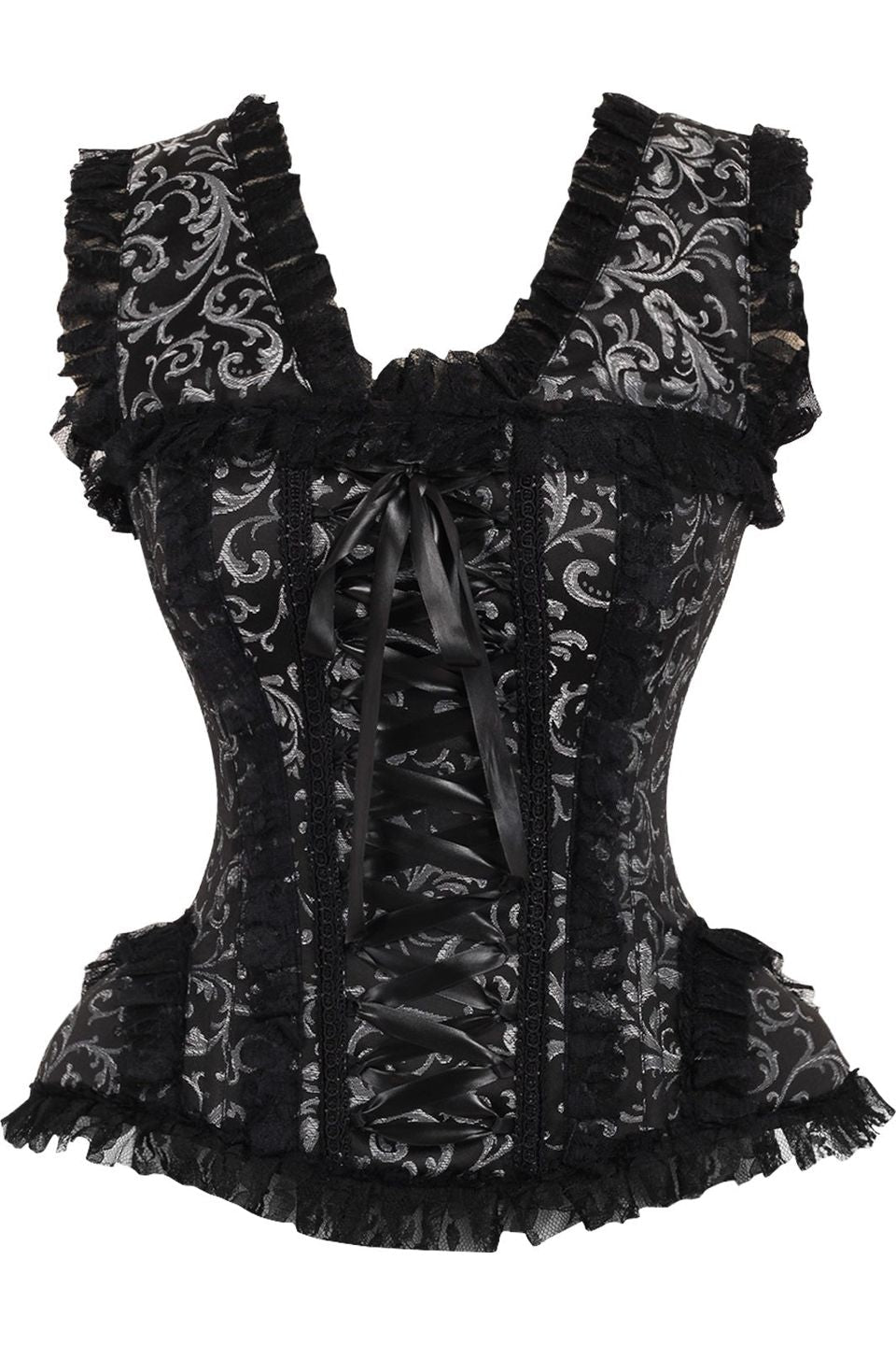 Daisy Corsets Top Drawer Silver/Black Swirl Brocade & Lace Steel Boned Corset w/Cap Sleeves in Silver  from SexyShoes.com