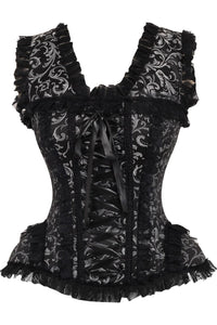 Daisy Corsets Top Drawer Silver/Black Swirl Brocade & Lace Steel Boned Corset w/Cap Sleeves in Silver  from SexyShoes.com