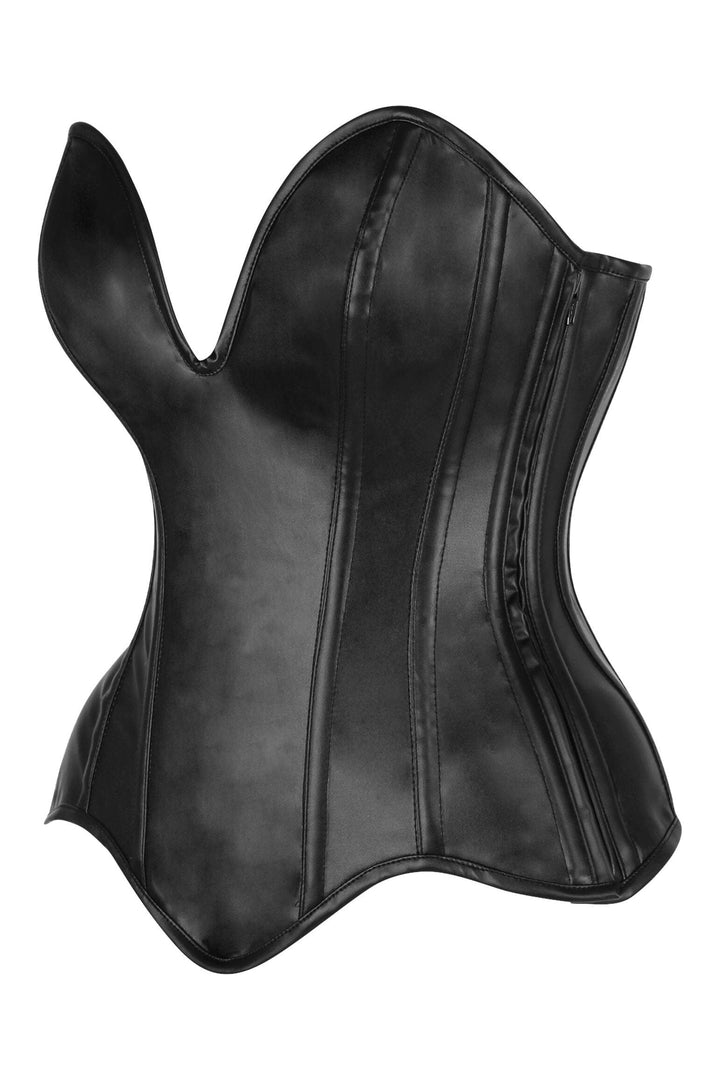 SS-Top Drawer Steel Boned Black Faux Leather Plunge Neckline Overbust Corset