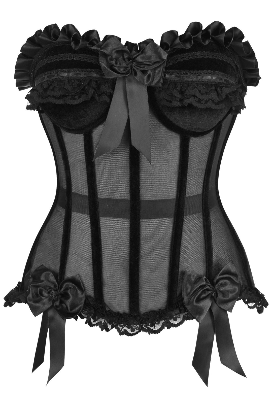 Daisy Corsets Top Drawer Steel Boned Black Mesh & Velvet Underwire Bustier Corset in Black  from SexyShoes.com