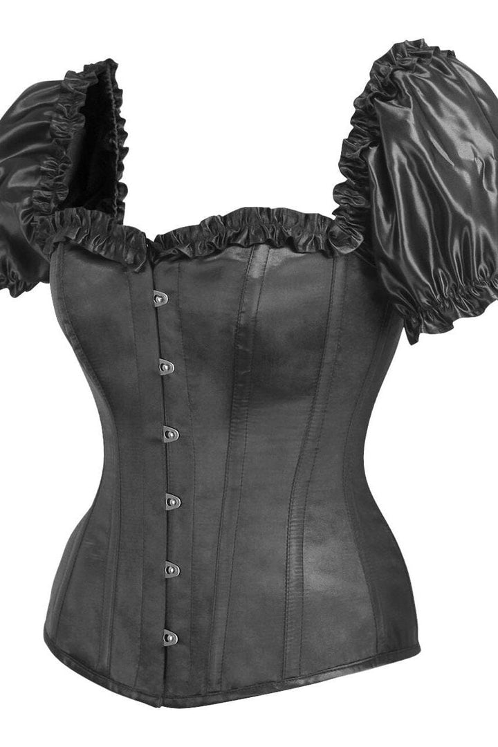Top Drawer Steel Boned Black Satin Overbust Corset w/Sleeves