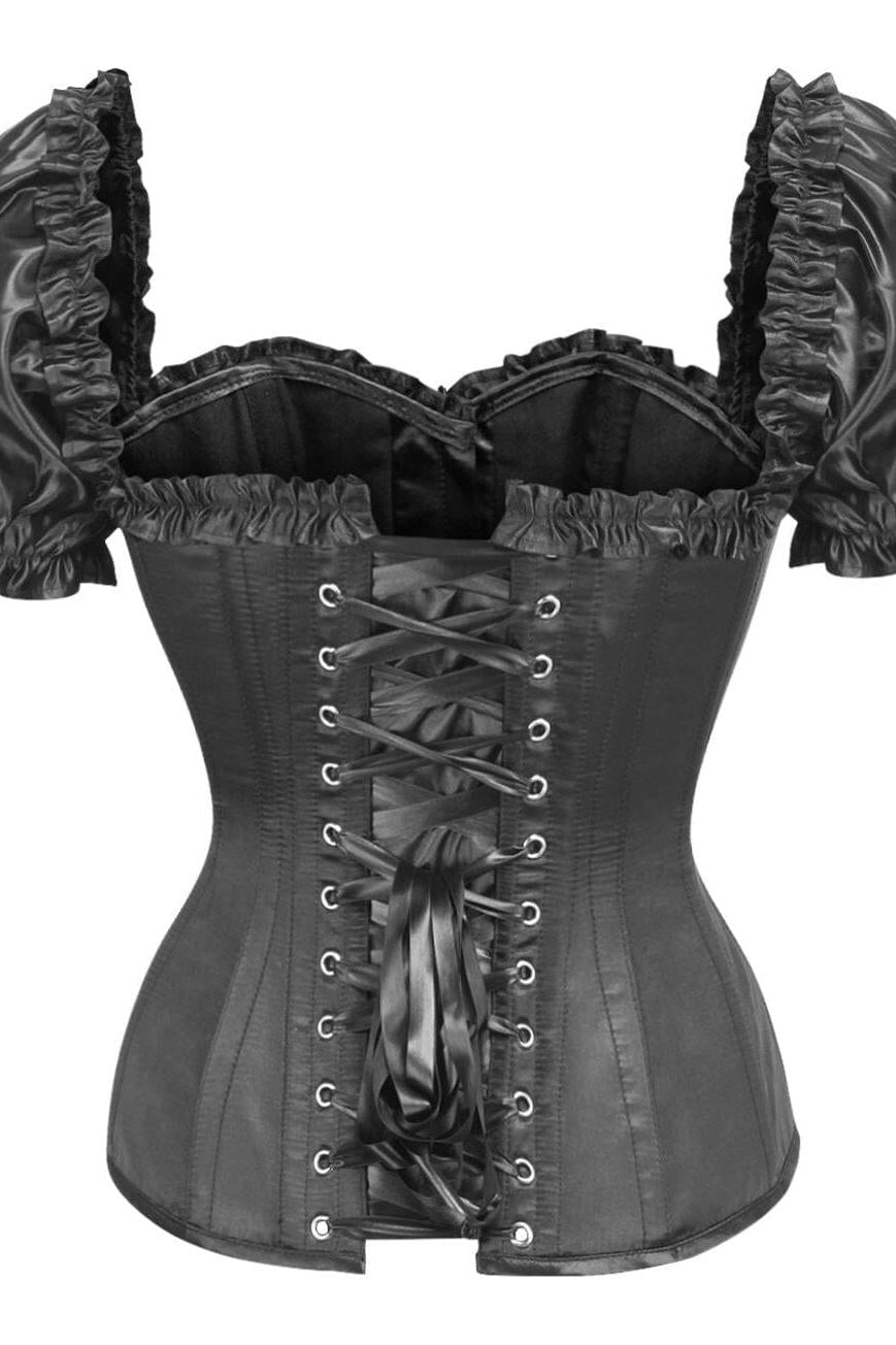 Daisy Corsets Top Drawer Steel Boned Black Satin Overbust Corset w/Sleeves in Black 