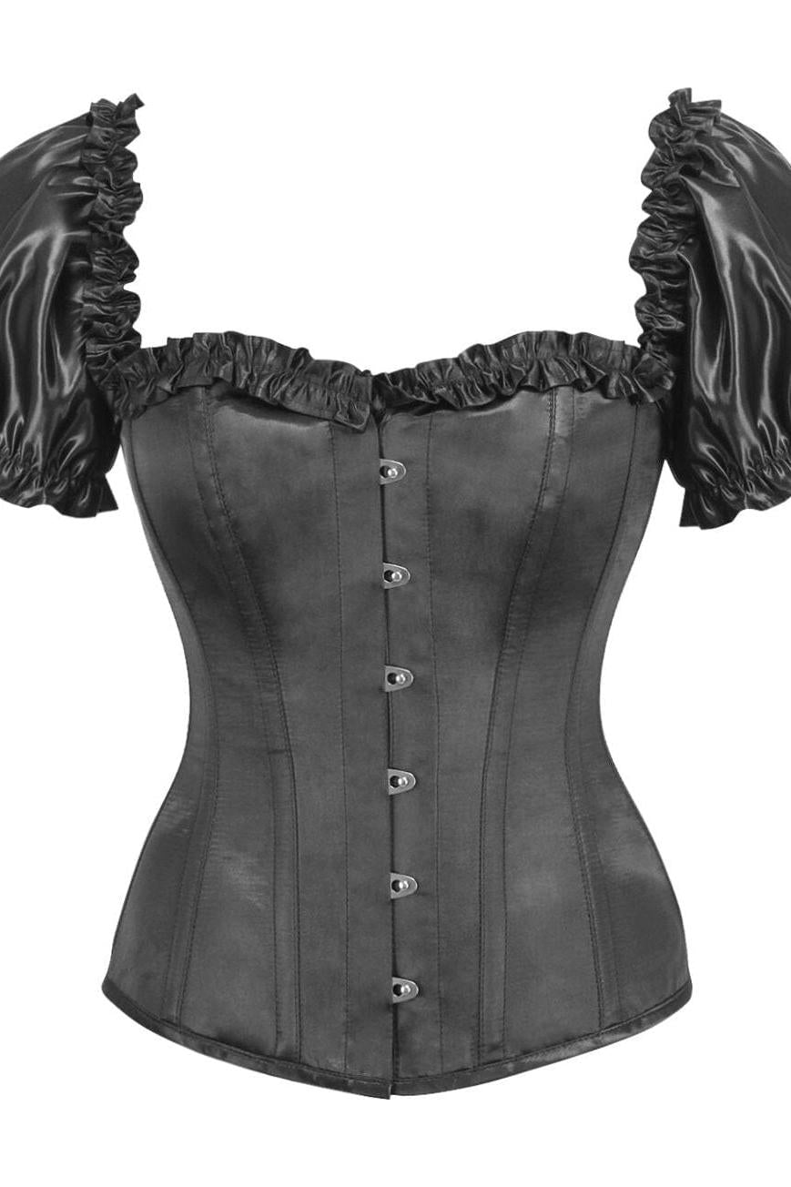 Daisy Corsets Top Drawer Steel Boned Black Satin Overbust Corset w/Sleeves in Black  from SexyShoes.com