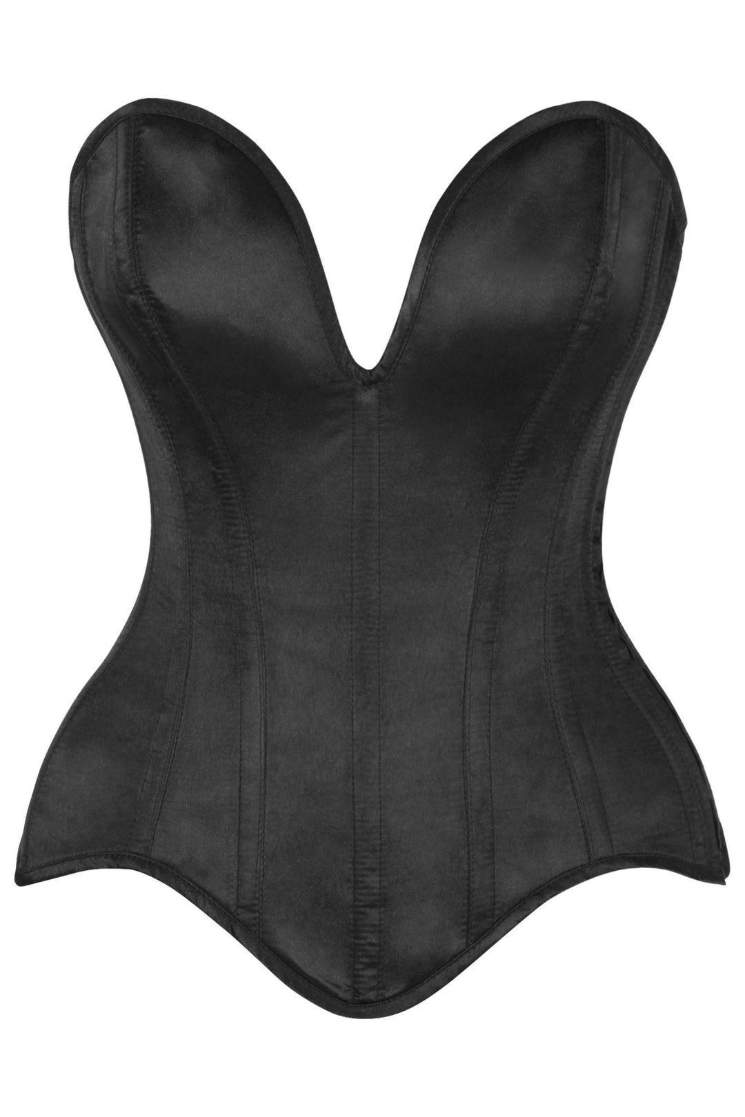 Daisy Corsets Top Drawer Steel Boned Black Satin Plunge Neckline Overbust Corset in Black  from SexyShoes.com