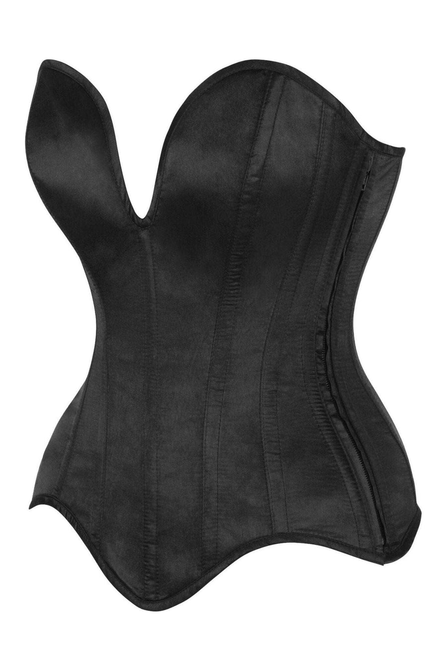 Daisy Corsets Top Drawer Steel Boned Black Satin Plunge Neckline Overbust Corset in Black 