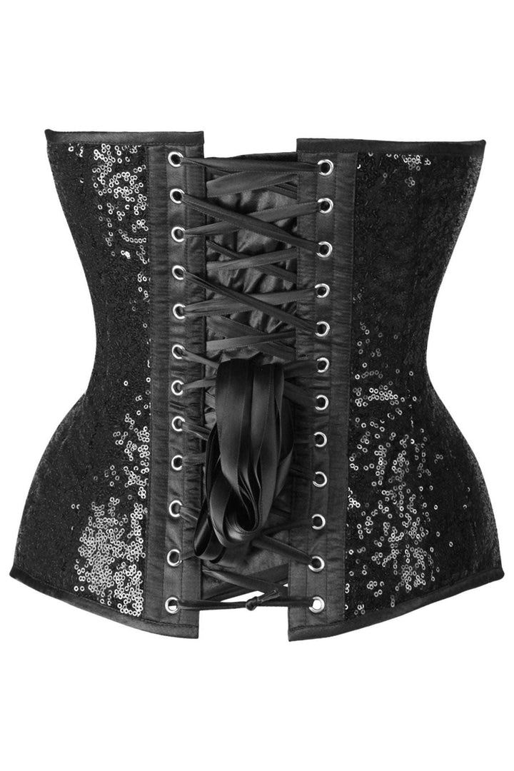 Top Drawer Steel Boned Black Sequin Plunge Neckline Overbust Corset