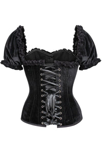 Daisy Corsets Top Drawer Steel Boned Black Velvet Overbust Corset w/Sleeves in Black 