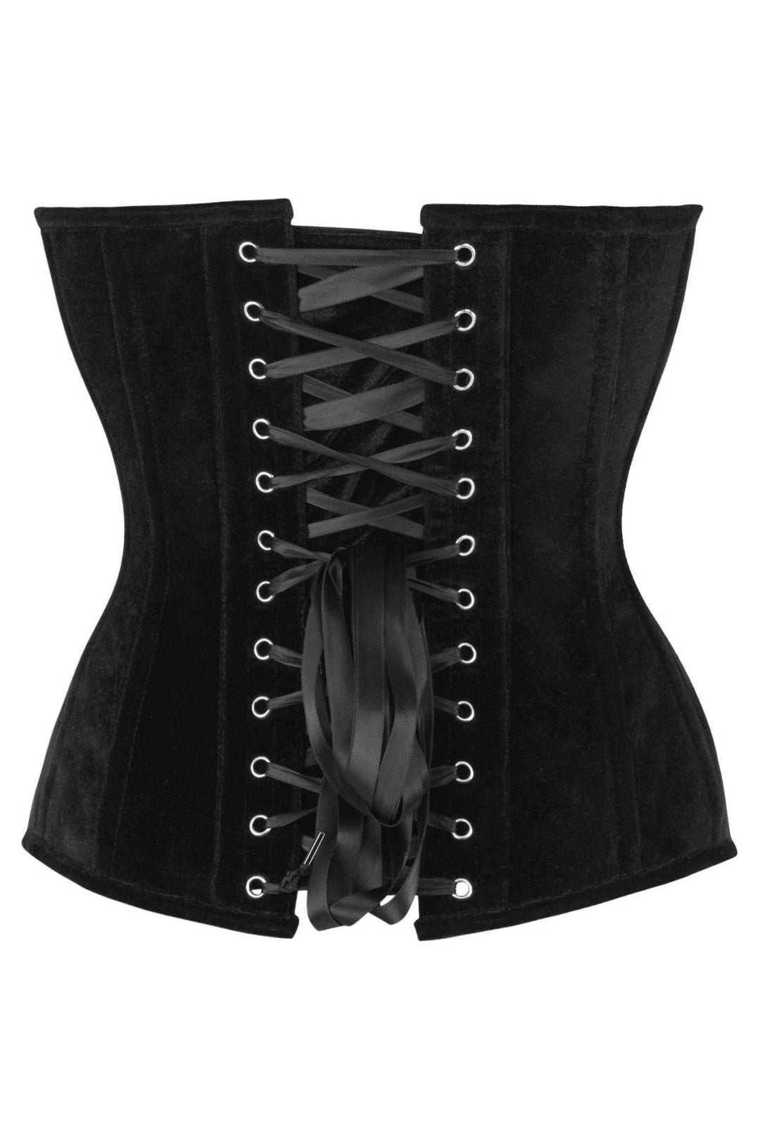 Daisy Corsets Top Drawer Steel Boned Black Velvet Plunge Neckline Overbust Corset in Black 