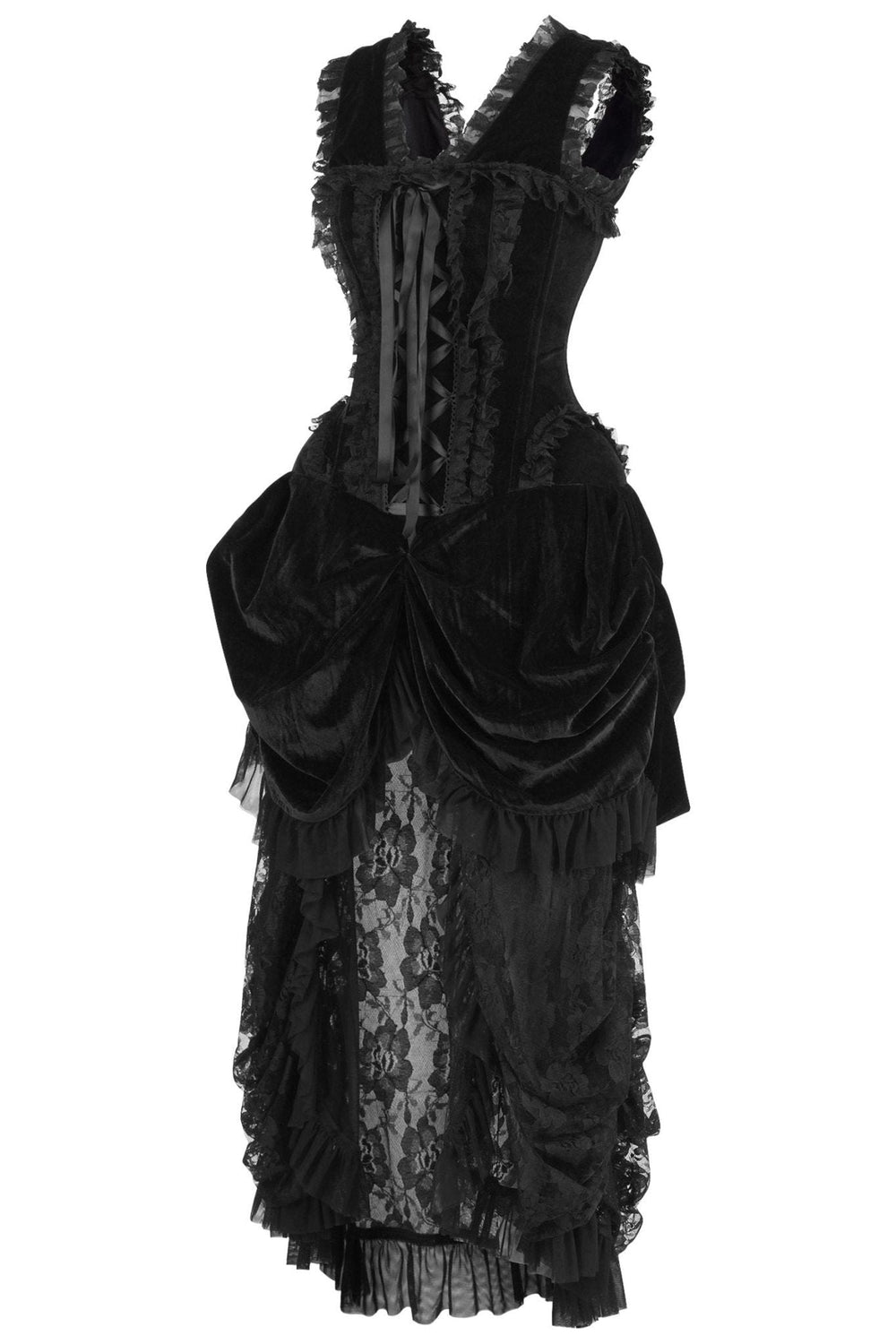 Daisy Corsets Top Drawer Steel Boned Black Velvet Victorian Bustle Corset Dress in Black 