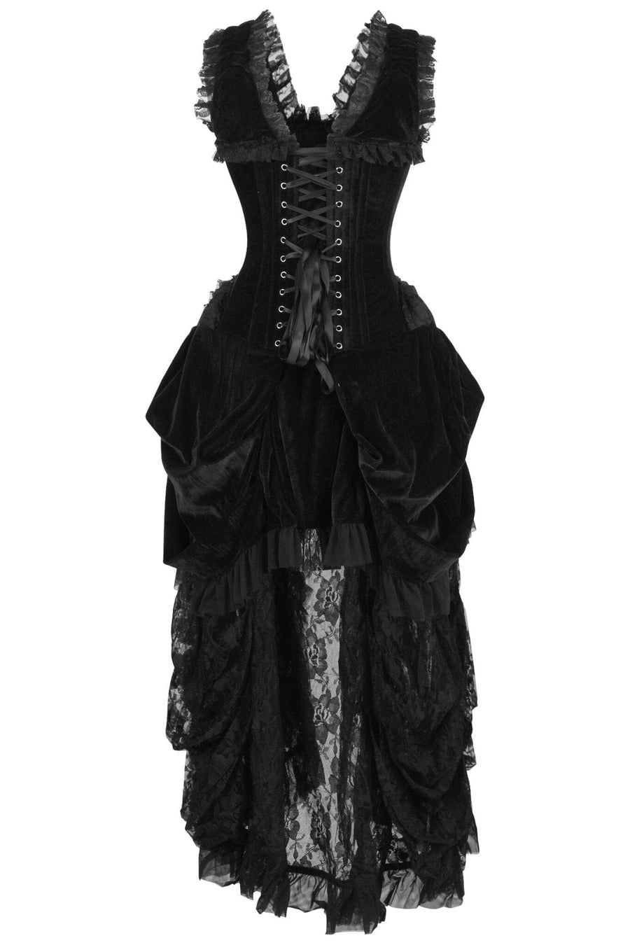 Daisy Corsets Top Drawer Steel Boned Black Velvet Victorian Bustle Corset Dress in Black 