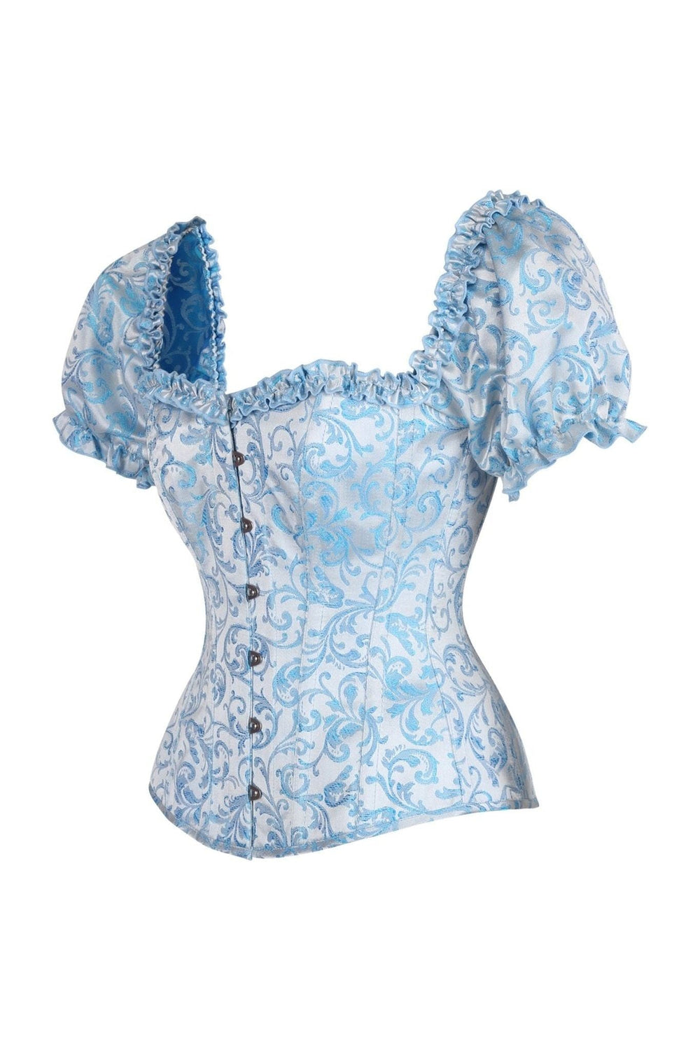 Daisy Corsets Top Drawer Steel Boned Blue Brocade Overbust Corset Top w/Sleeves in Blue 
