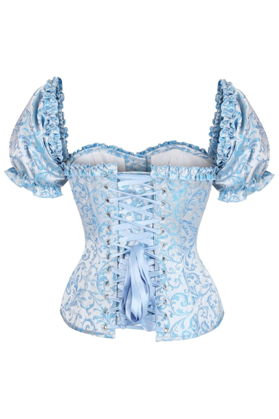 Daisy Corsets Top Drawer Steel Boned Blue Brocade Overbust Corset Top w/Sleeves in Blue 