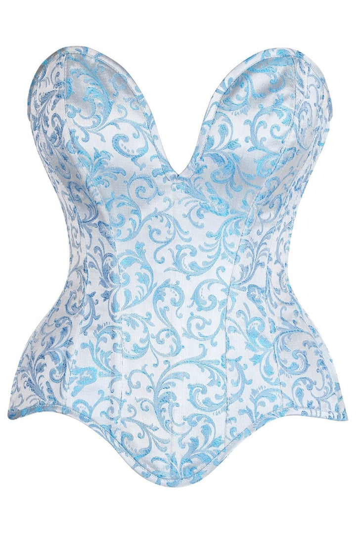 Top Drawer Steel Boned Blue Brocade Plunge Overbust Corset Top