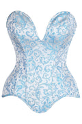SS-Top Drawer Steel Boned Blue Brocade Plunge Overbust Corset Top