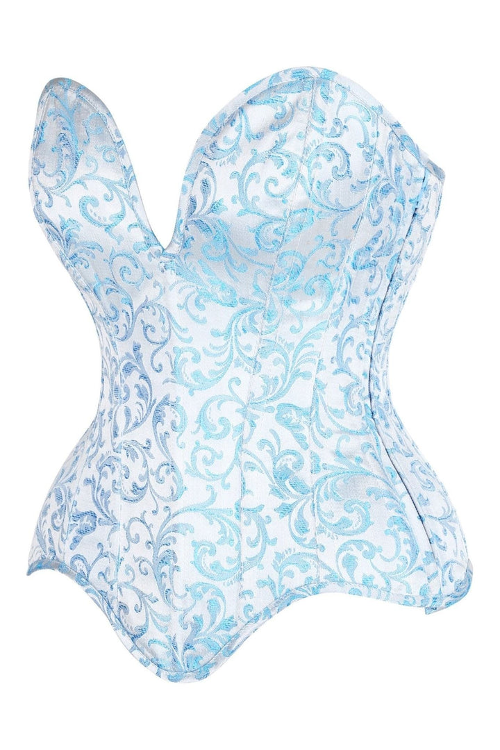 Top Drawer Steel Boned Blue Brocade Plunge Overbust Corset Top