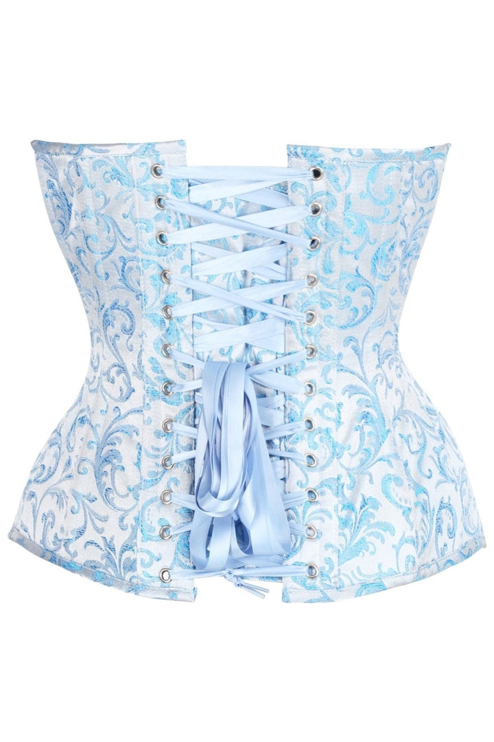 Top Drawer Steel Boned Blue Brocade Plunge Overbust Corset Top