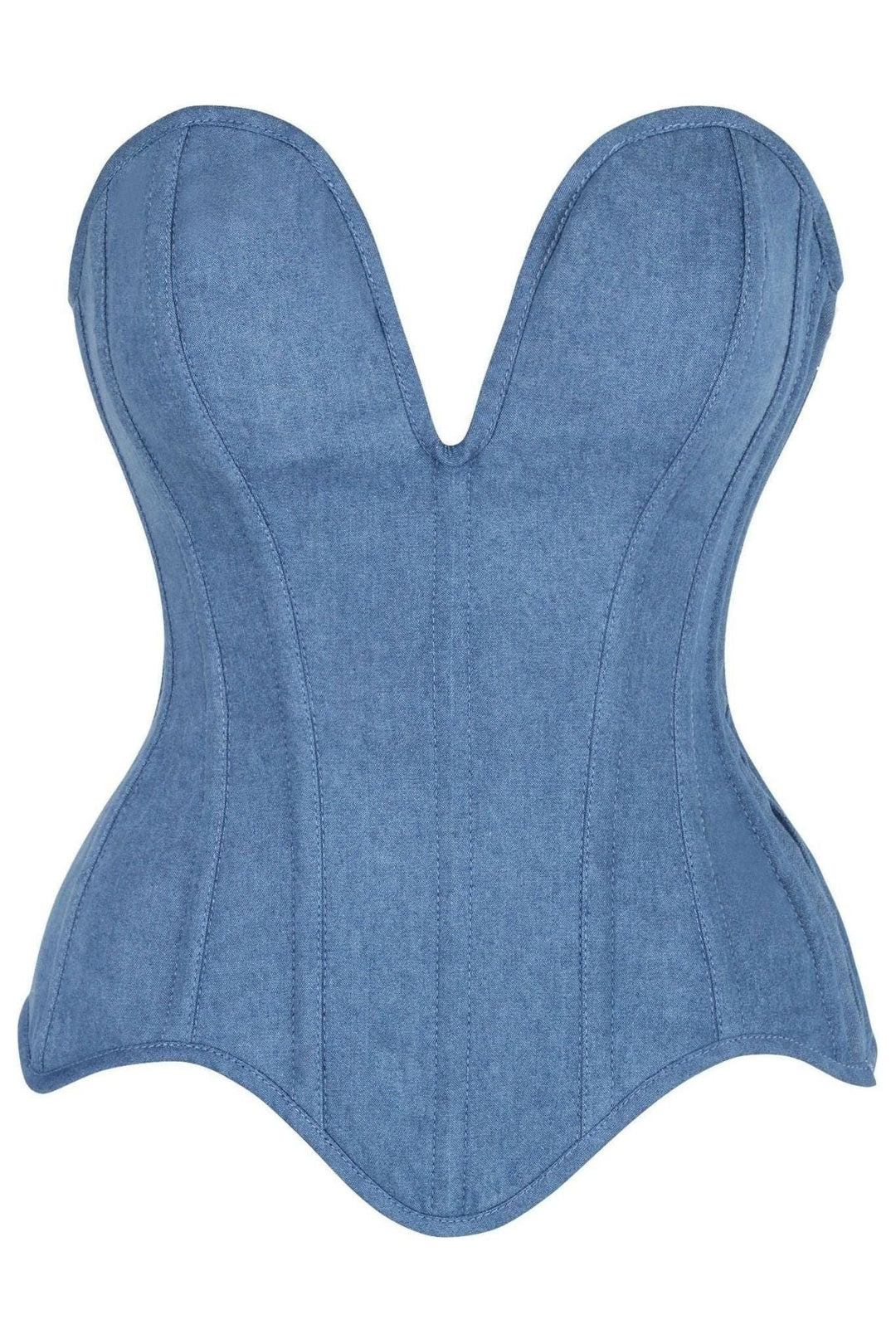 Daisy Corsets Top Drawer Steel Boned Blue Denim Plunge Neckline Overbust Corset in Blue  from SexyShoes.com