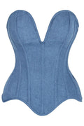 SS-Top Drawer Steel Boned Blue Denim Plunge Neckline Overbust Corset