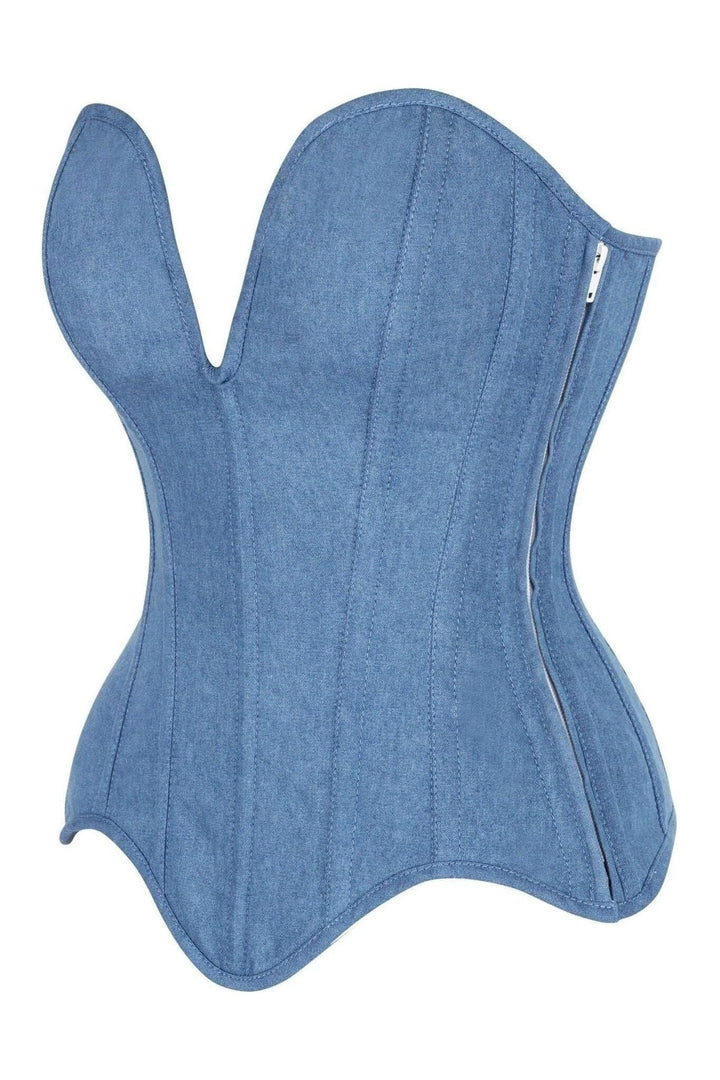 SS-Top Drawer Steel Boned Blue Denim Plunge Neckline Overbust Corset