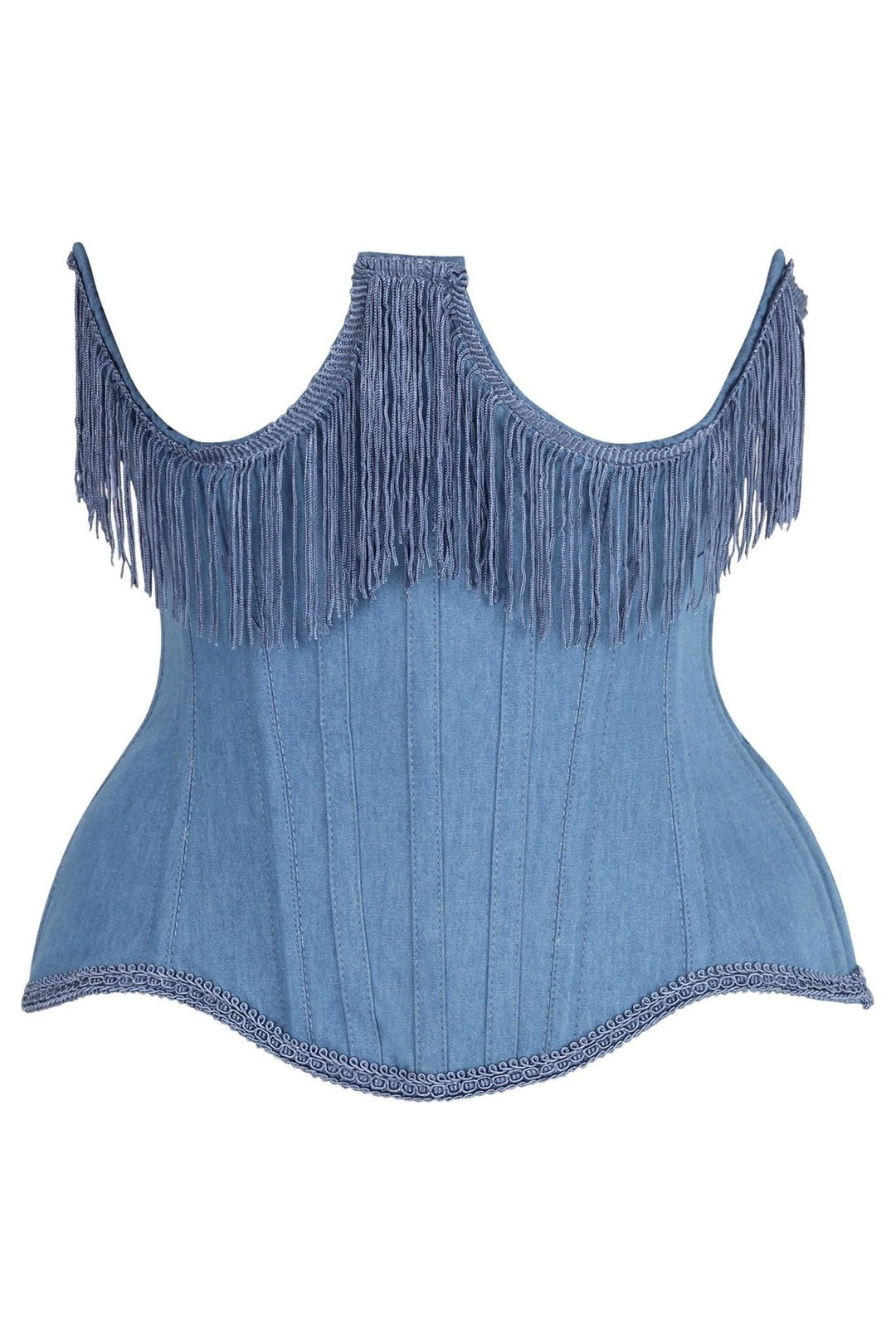 Daisy Corsets Top Drawer Steel Boned Blue Denim Underwire Underbust Corset Cincher w/Fringe in Blue  from SexyShoes.com