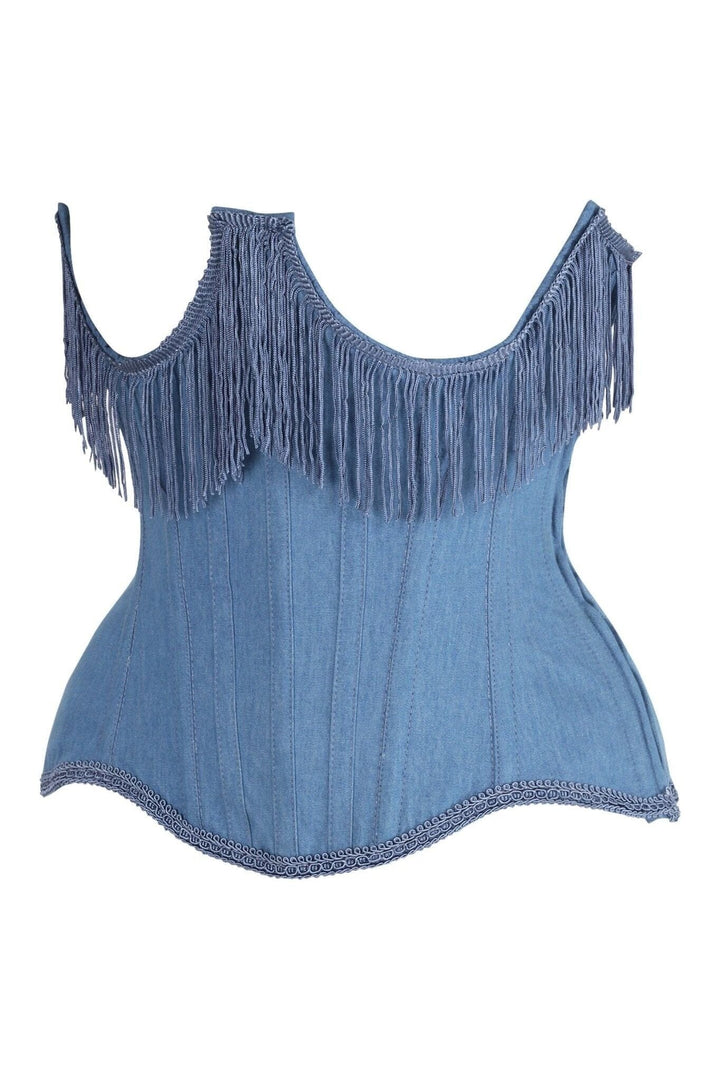 Top Drawer Steel Boned Blue Denim Underwire Underbust Corset Cincher w/Fringe