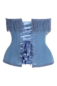 Daisy Corsets Top Drawer Steel Boned Blue Denim Underwire Underbust Corset Cincher w/Fringe in Blue 