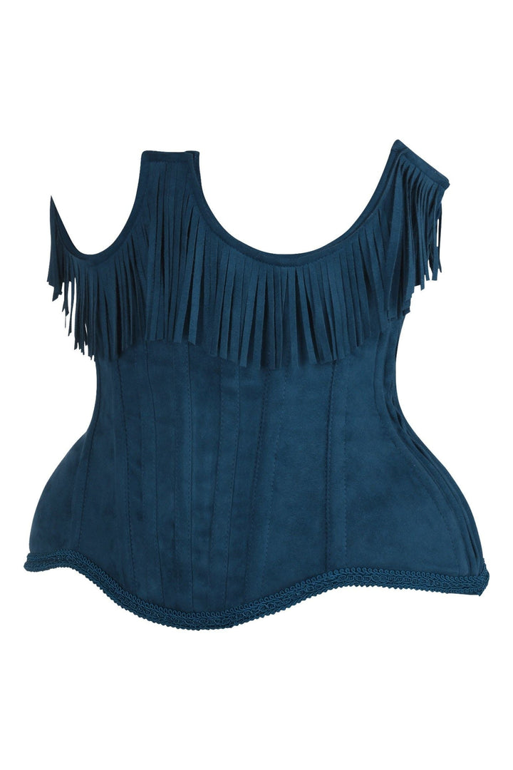Top Drawer Steel Boned Blue Suede Underwire Underbust Corset Cincher w/Fringe