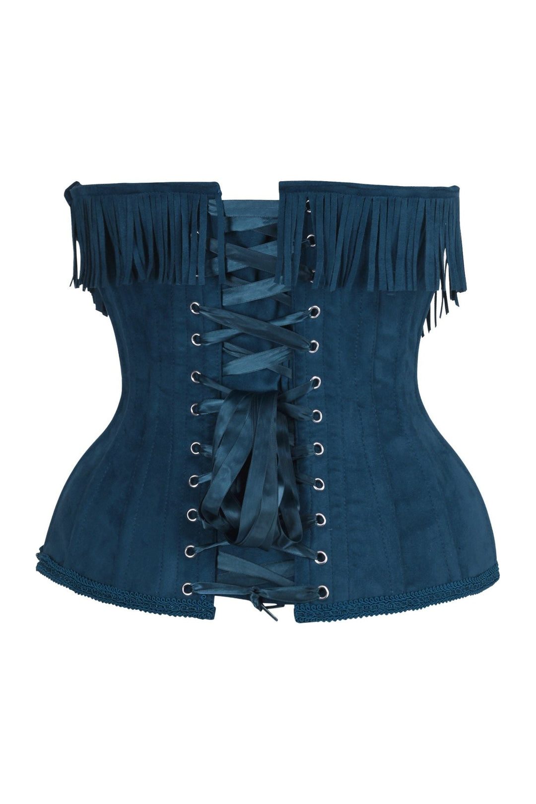 Top Drawer Steel Boned Blue Suede Underwire Underbust Corset Cincher w/Fringe