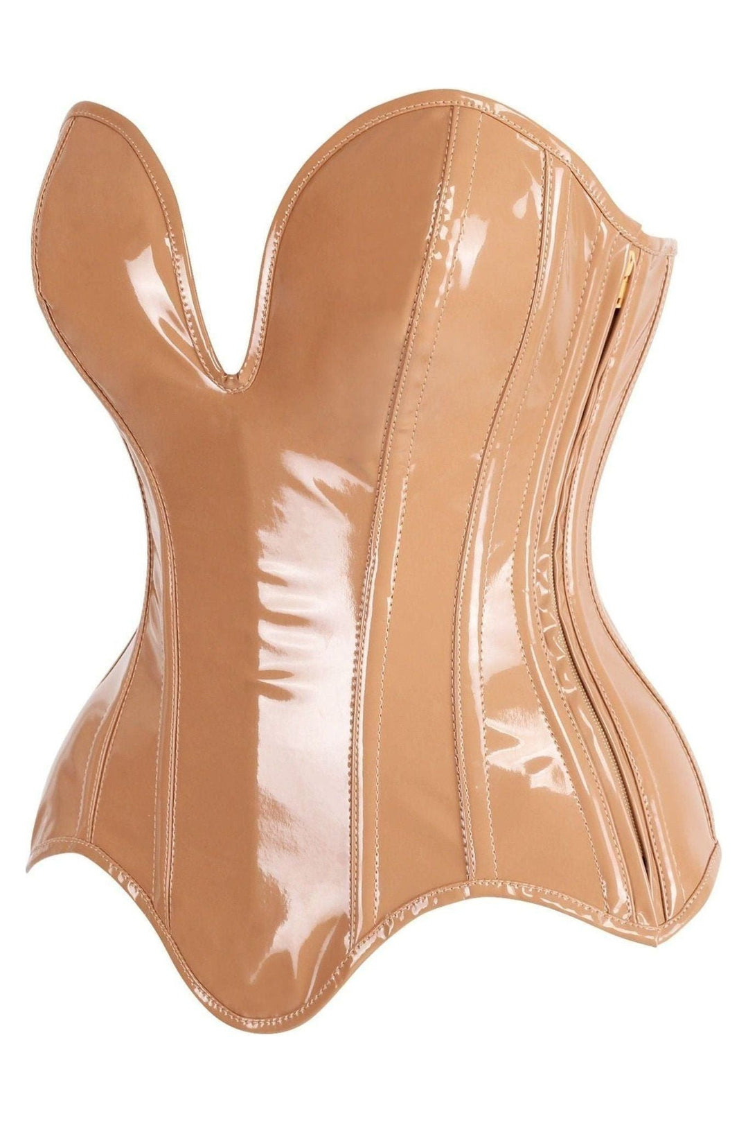 Daisy Corsets Top Drawer Steel Boned Caramel Patent Plunge Neckline Overbust Corset in Tan 