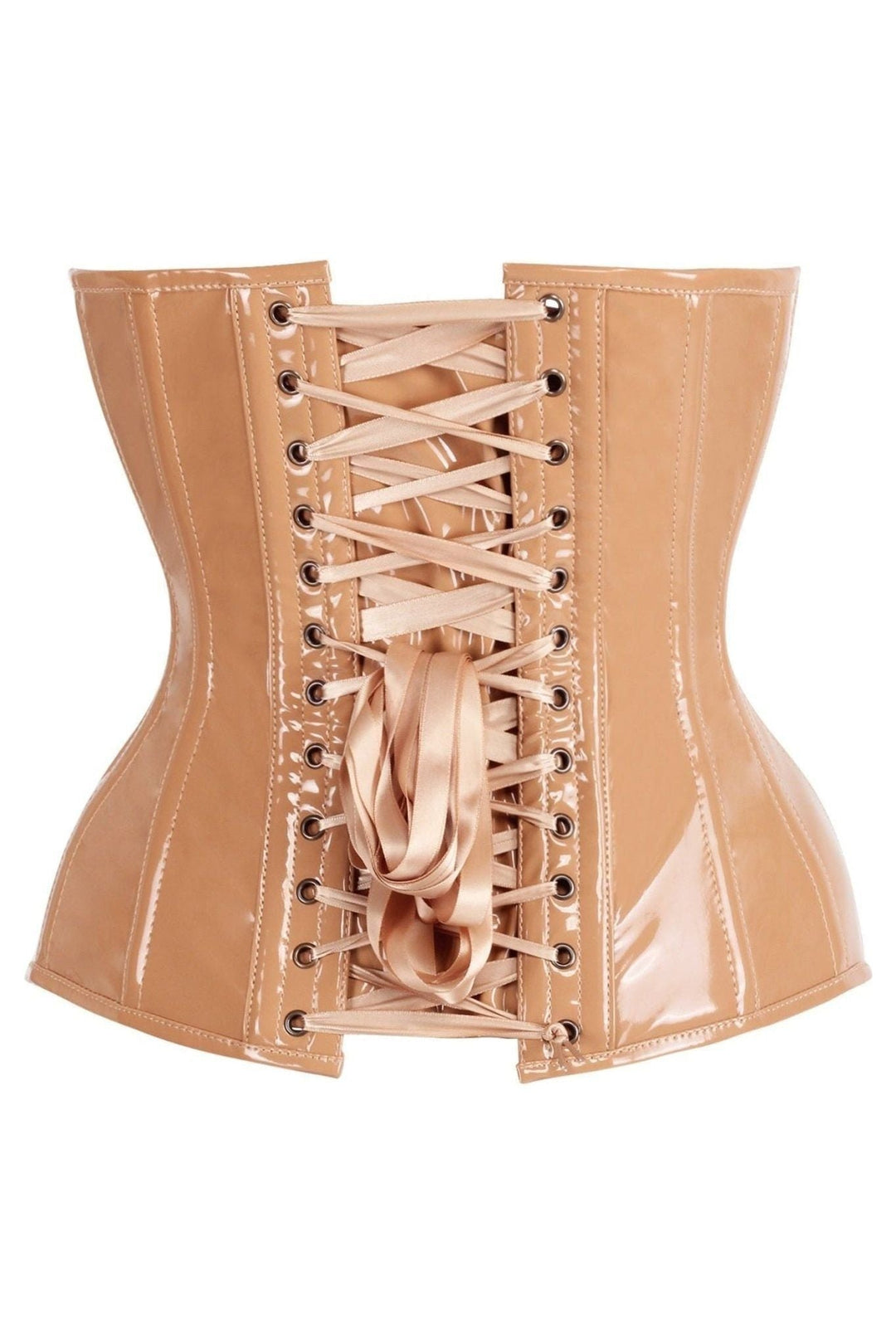 Daisy Corsets Top Drawer Steel Boned Caramel Patent Plunge Neckline Overbust Corset in Tan 
