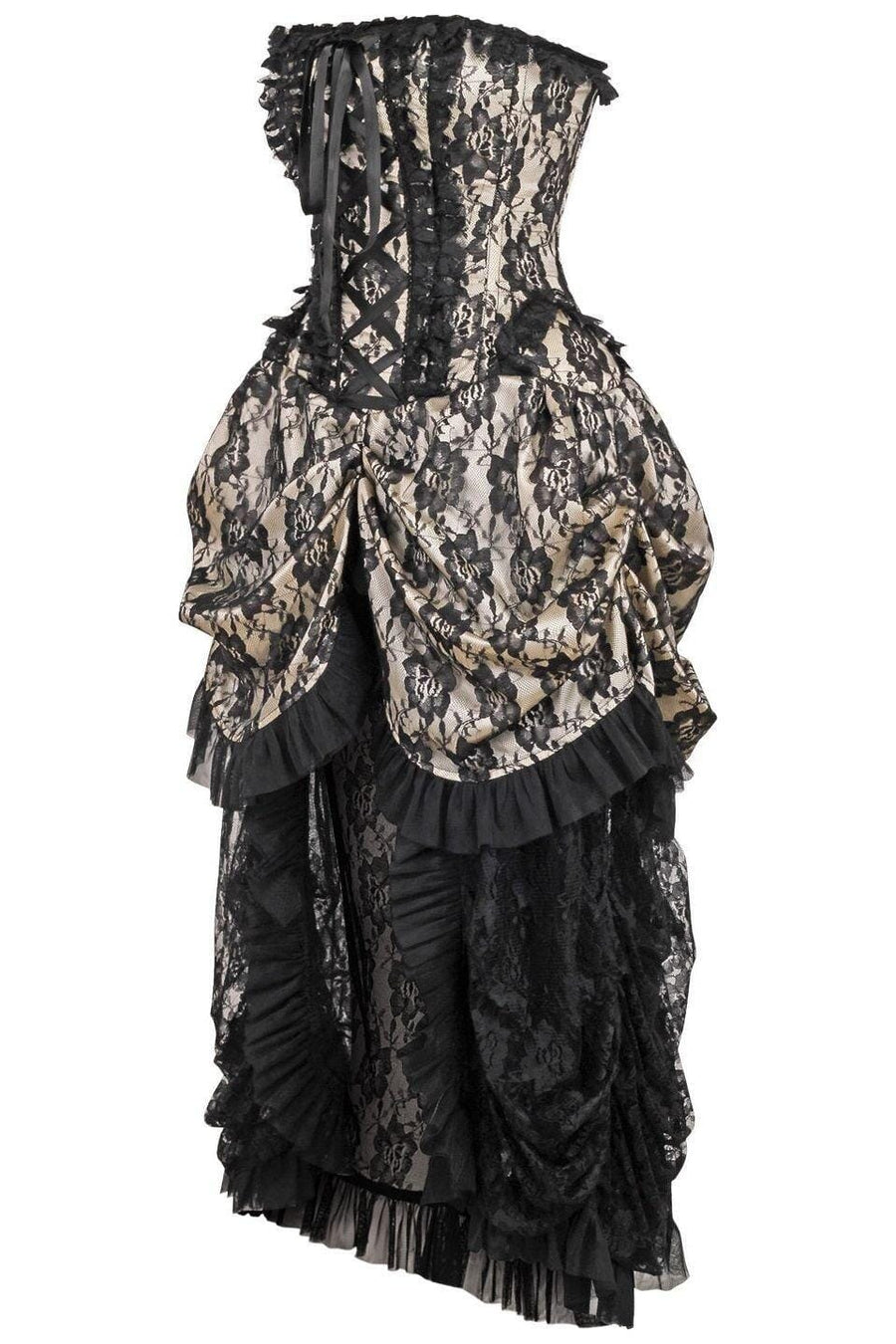 Daisy Corsets Top Drawer Steel Boned Cream w/Black Lace Bustle Corset Dress in Ivory 