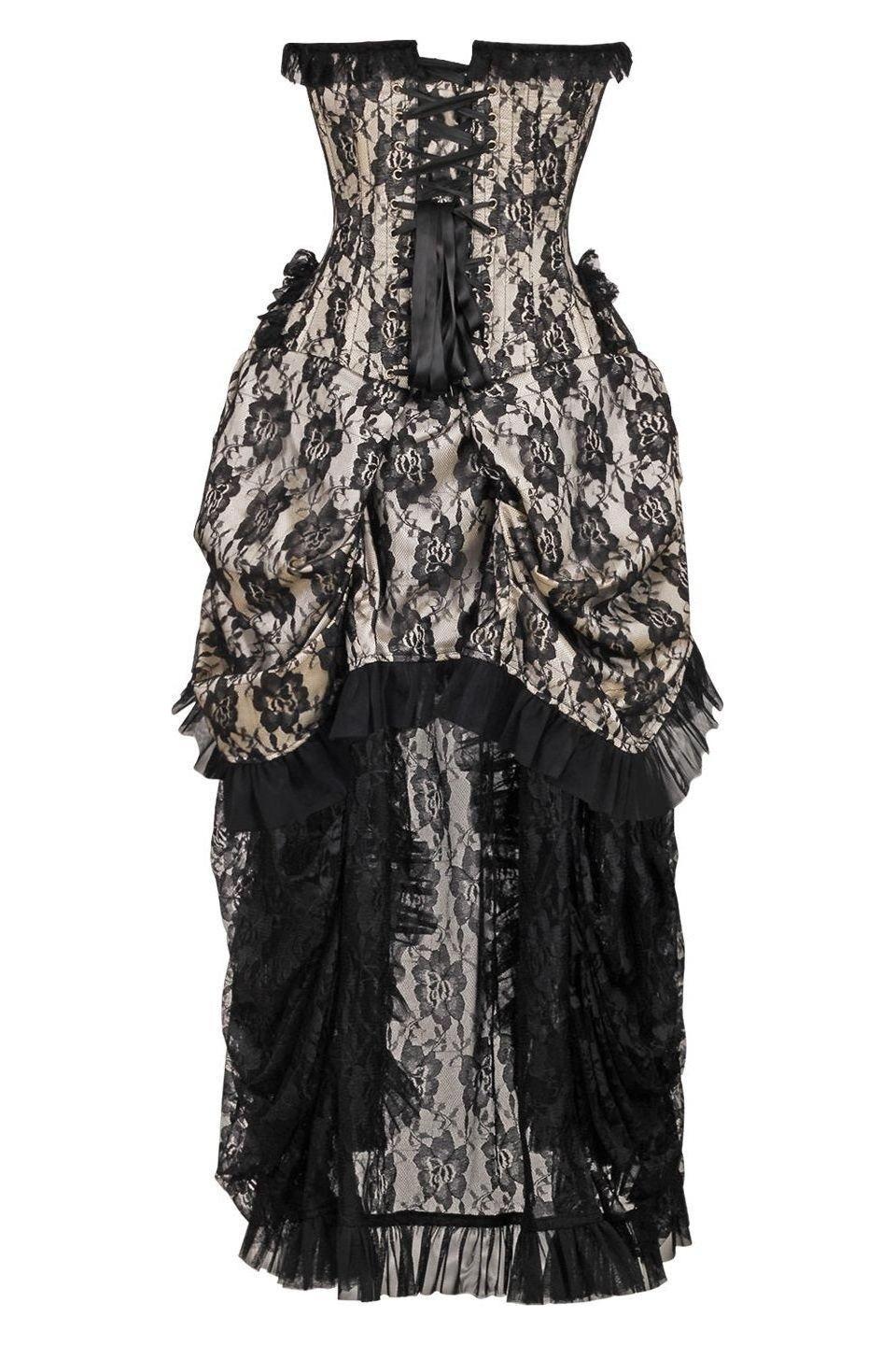 Daisy Corsets Top Drawer Steel Boned Cream w/Black Lace Bustle Corset Dress in Ivory 