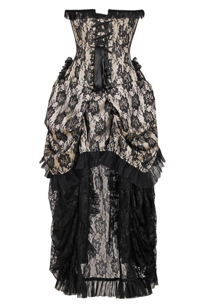 Top Drawer Steel Boned Cream w/Black Lace Bustle Corset Dress