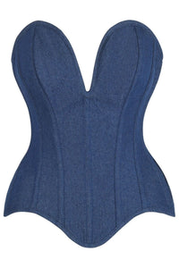 Daisy Corsets Top Drawer Steel Boned Dark Blue Denim Plunge Neckline Overbust Corset in Blue  from SexyShoes.com