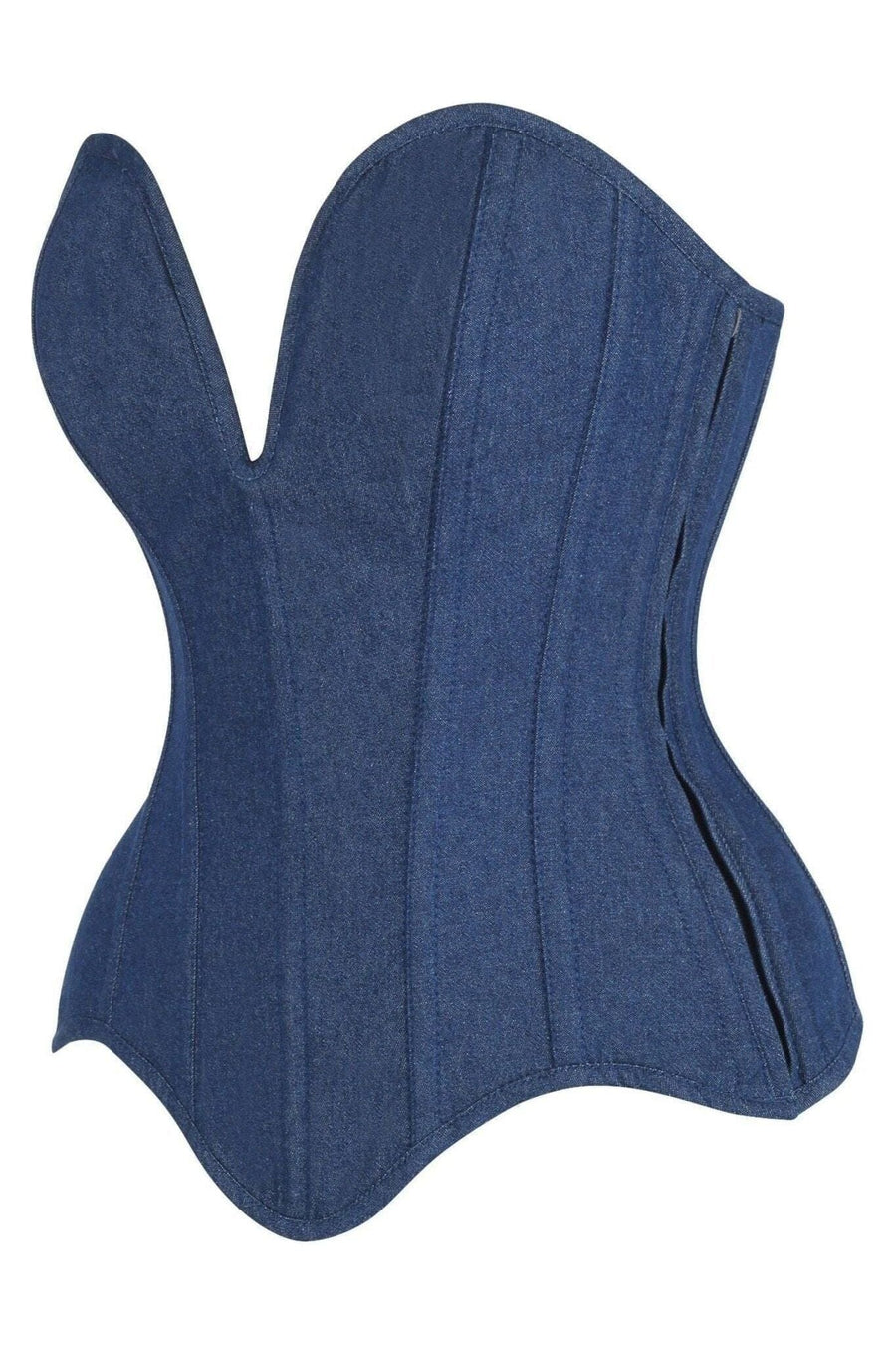 Daisy Corsets Top Drawer Steel Boned Dark Blue Denim Plunge Neckline Overbust Corset in Blue 