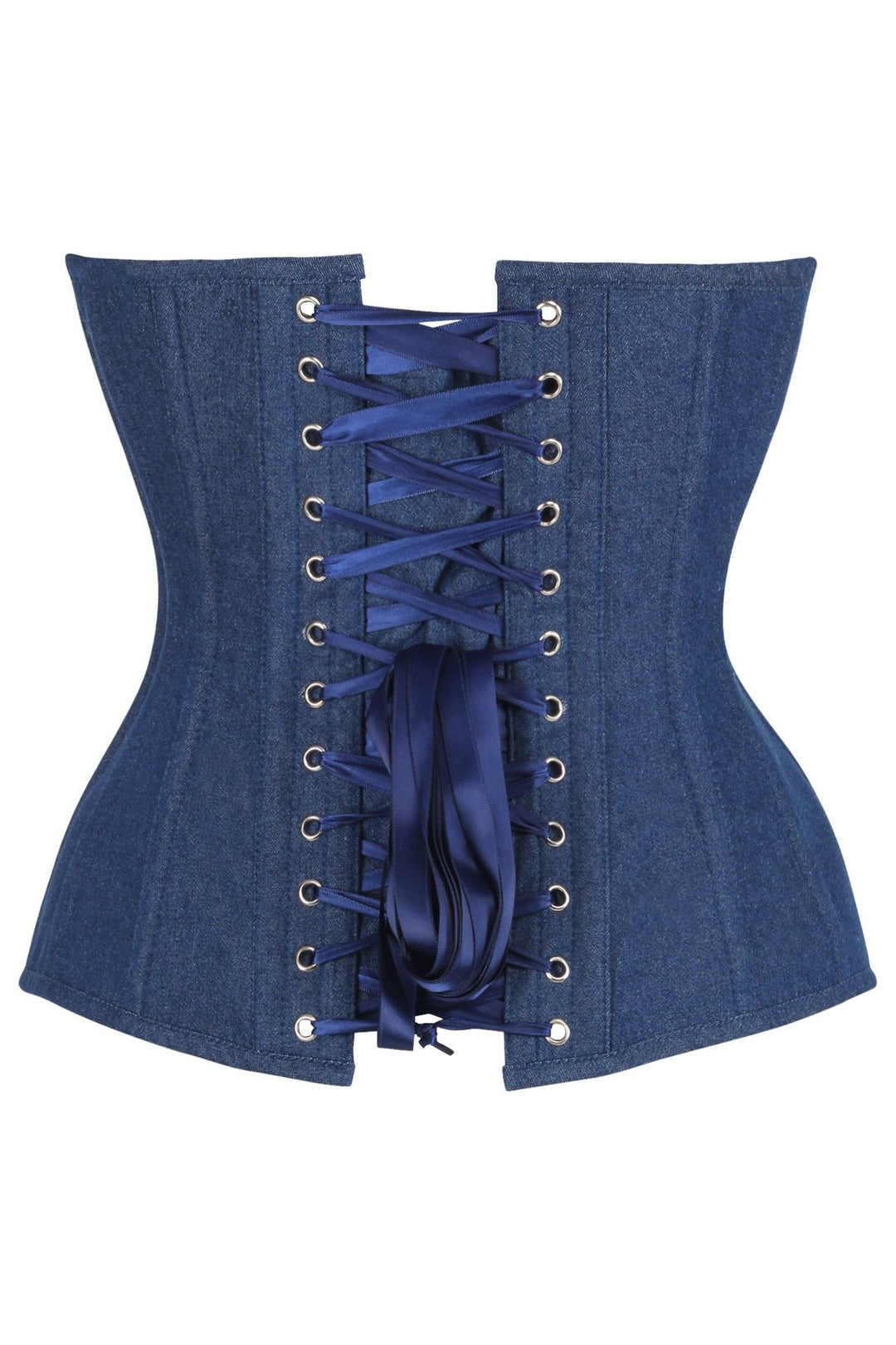 Daisy Corsets Top Drawer Steel Boned Dark Blue Denim Plunge Neckline Overbust Corset in Blue 