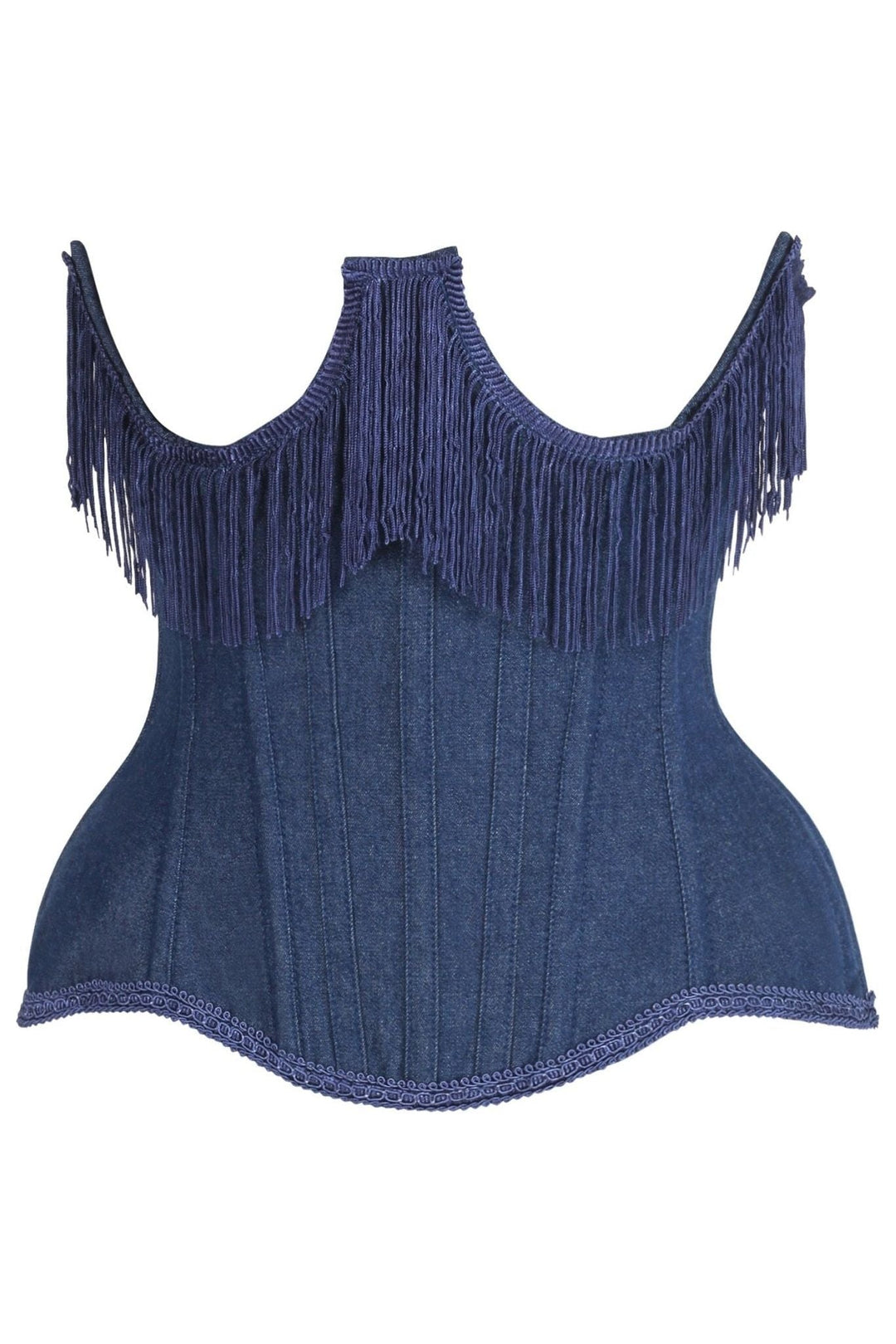 Daisy Corsets Top Drawer Steel Boned Dark Blue Denim Underwire Underbust Corset Cincher w/Fringe in Blue  from SexyShoes.com