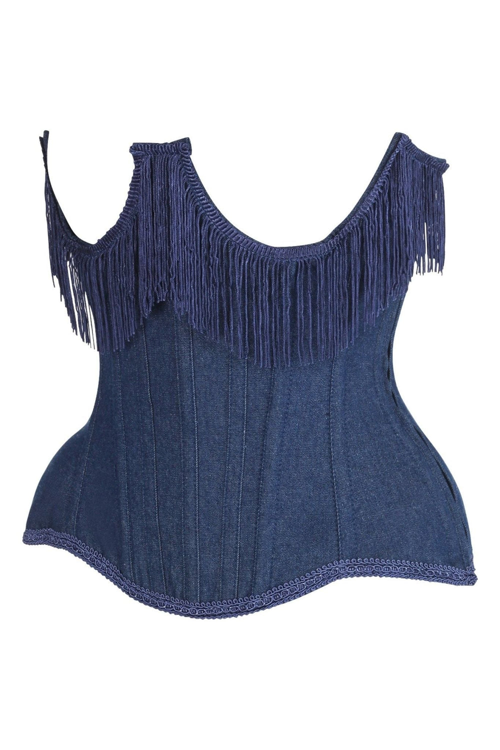 Daisy Corsets Top Drawer Steel Boned Dark Blue Denim Underwire Underbust Corset Cincher w/Fringe in Blue 
