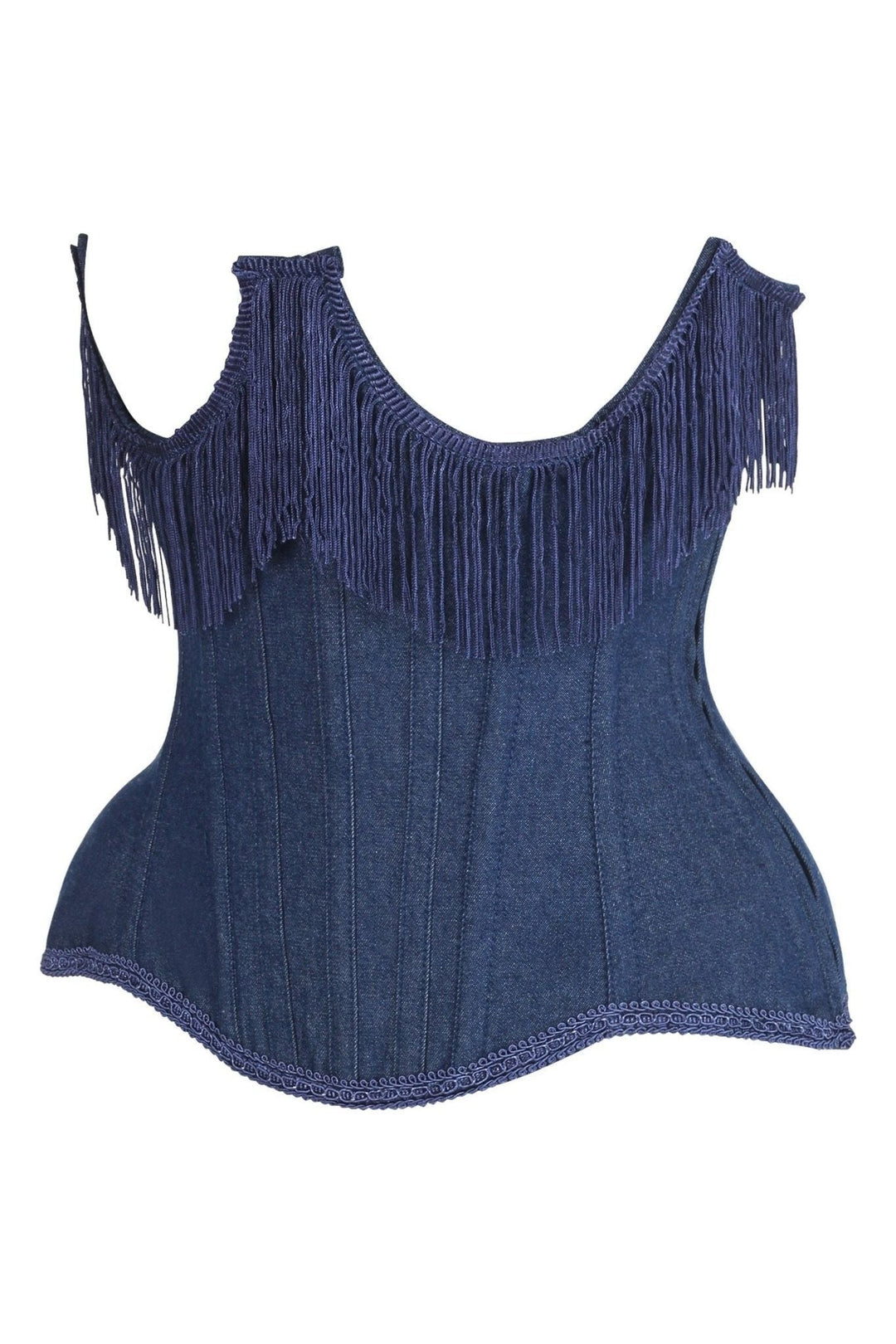 Daisy Corsets Top Drawer Steel Boned Dark Blue Denim Underwire Underbust Corset Cincher w/Fringe in Blue 