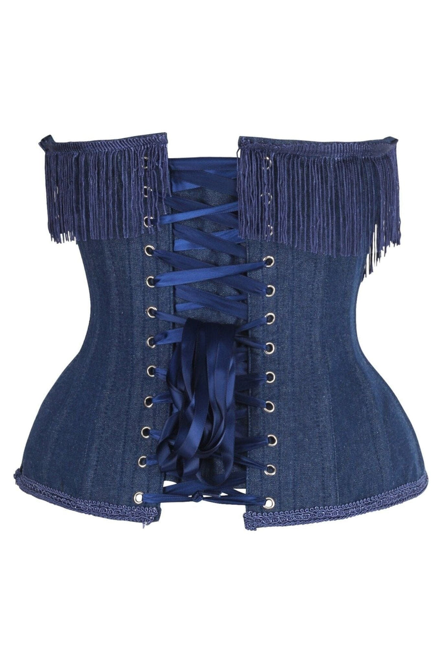 Daisy Corsets Top Drawer Steel Boned Dark Blue Denim Underwire Underbust Corset Cincher w/Fringe in Blue 