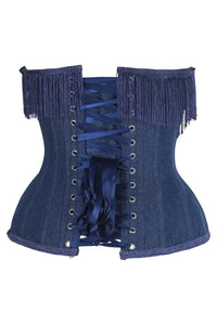 Daisy Corsets Top Drawer Steel Boned Dark Blue Denim Underwire Underbust Corset Cincher w/Fringe in Blue 