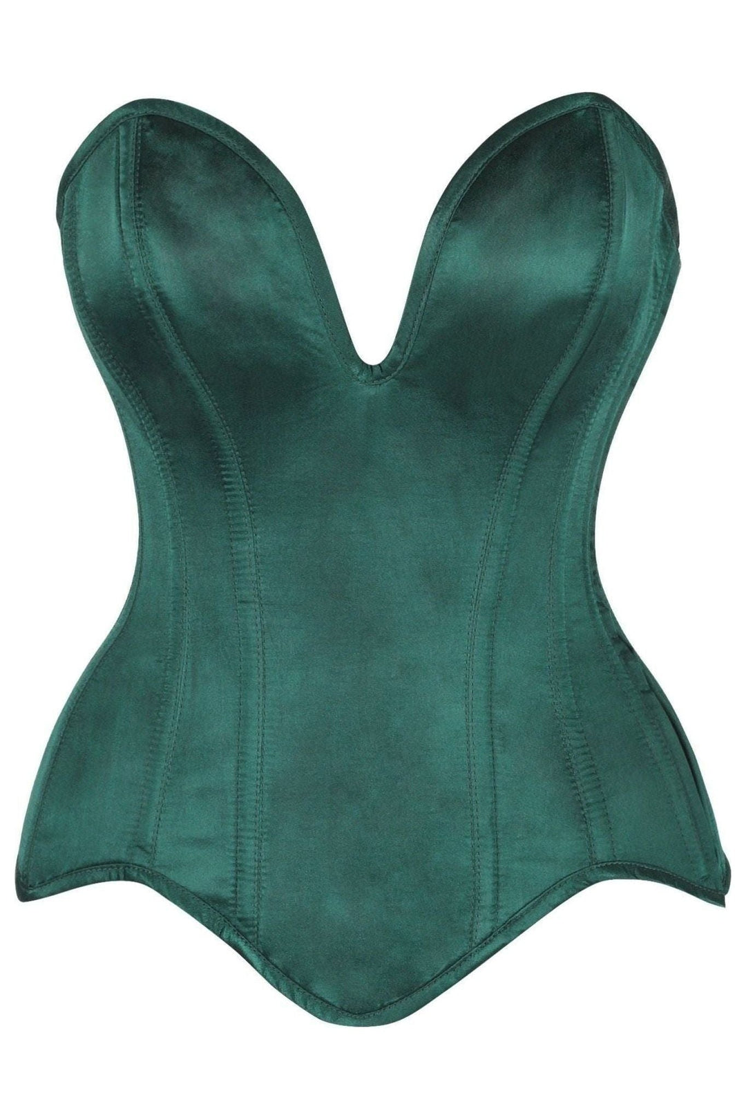 Daisy Corsets Top Drawer Steel Boned Dark Green Satin Plunge Neckline Overbust Corset in Green  from SexyShoes.com