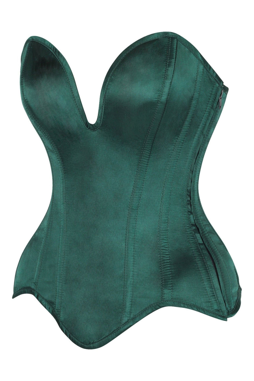 Daisy Corsets Top Drawer Steel Boned Dark Green Satin Plunge Neckline Overbust Corset in Green 