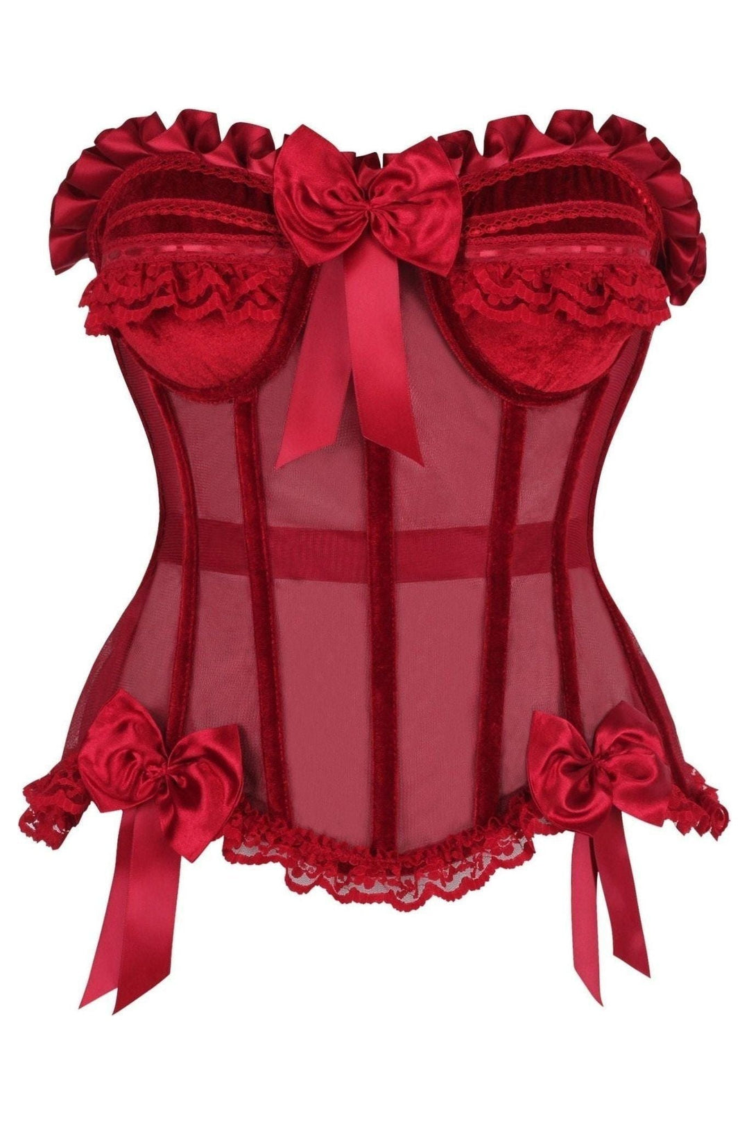 Daisy Corsets Top Drawer Steel Boned Dark Red Mesh & Velvet Underwire Bustier Corset in Red  from SexyShoes.com