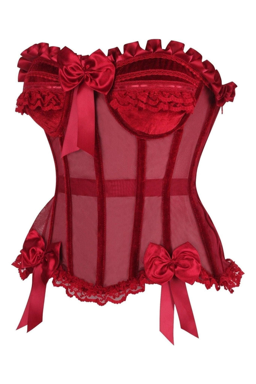 Daisy Corsets Top Drawer Steel Boned Dark Red Mesh & Velvet Underwire Bustier Corset in Red 