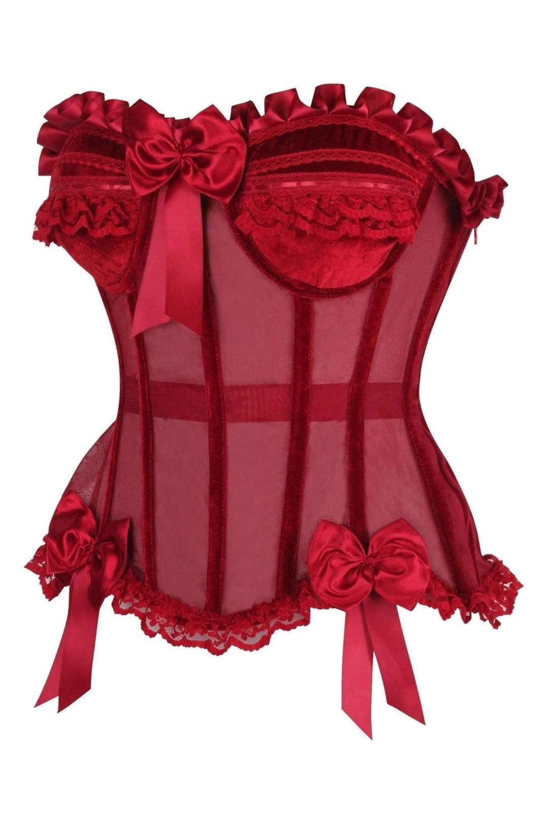 Daisy Corsets Top Drawer Steel Boned Dark Red Mesh & Velvet Underwire Bustier Corset in Red 